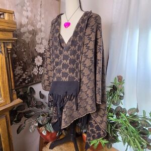 Michael Kors Monogram Logo Poncho Wrap Brown Black Fringed Cape One Size